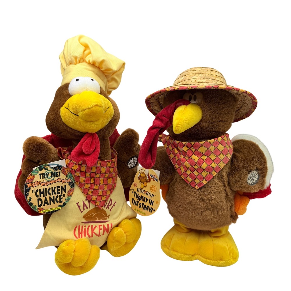 Turkey & Chicken 2 Dandee Animated Plush Brown Musical Thanksgiving Decor Set